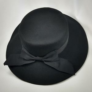 Vintage Black Wool Boater Flat Bow Hat